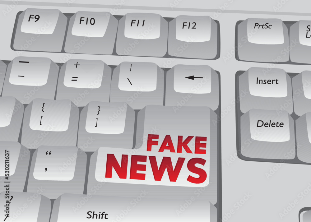 Aufkleber computer keyboard with fake news text. close-up of an electronic computer device part, keypad.