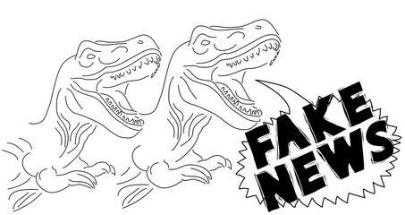 Dinosaur with speech bubble saying Fake News word. Tyrannosaurus Rex with thoughts.