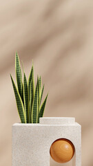 Terrazzo texture product podium 3d rendering mockup brown color in portrait with snake plant

