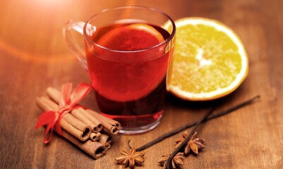Iced drink tea, fruit tea with juice and sugar in glass