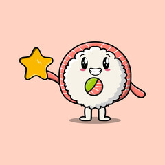Cute cartoon sushi character holding big golden star in cute modern style design
