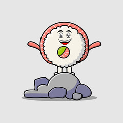Cute cartoon sushi character standing in stone vector illustration in concept flat cartoon style
