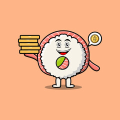 Cute cartoon sushi character holding in stacked gold coin vector illustration in flat cartoon style