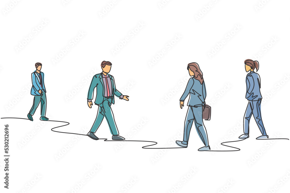 Poster single continuous line drawing of group urban commuters walking pass over and over again on city str