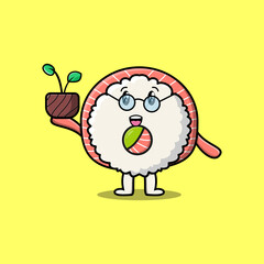 Cute cartoon rice sushi rolls sashimi holding plant in a pot flat modern style design