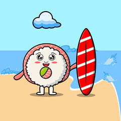 Cute cartoon rice sushi rolls sashimi character playing surfing with surfing board