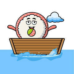 cute cartoon rice sushi rolls sashimi get on boat in vector character illustration