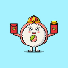 Cute cartoon rice sushi rolls sashimi chinese character holding red packets vector icon illustration