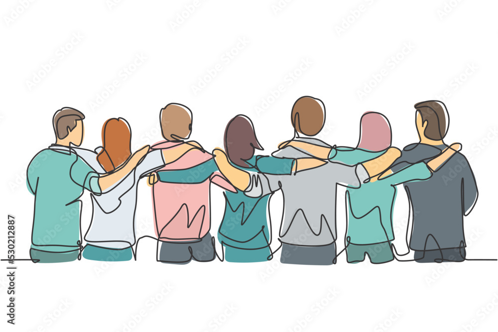 Poster single continuous line drawing about group of men and woman from multi ethnic standing together to s