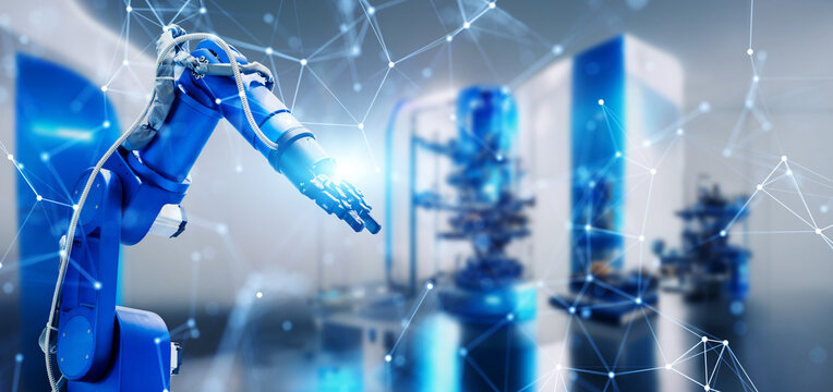 工場のロボットアームと通信ネットワーク　FA　IoT