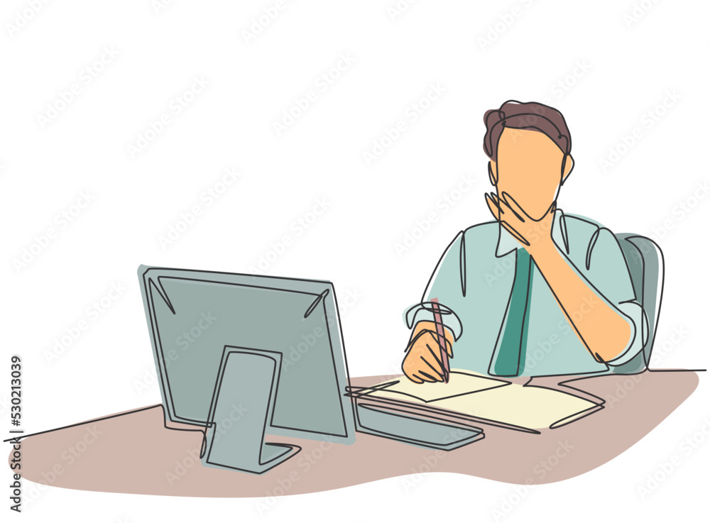 Poster one single line drawing of young pensive businessman sitting and watching computer screen to analyze