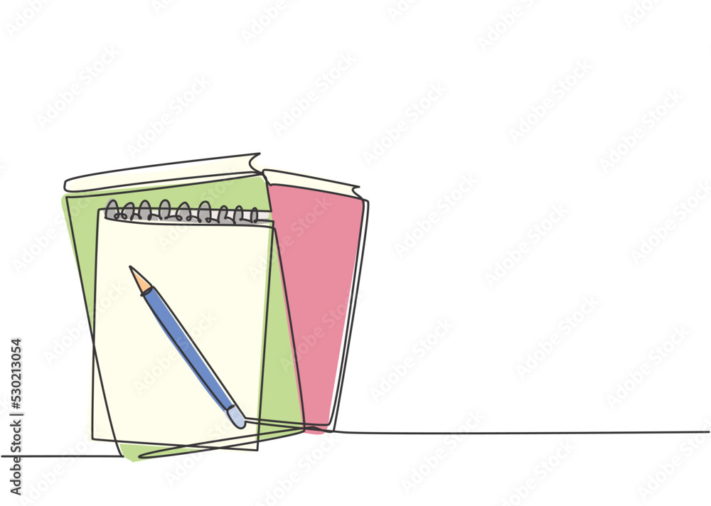 Poster single continuous line drawing of notebook or notepad with a pencil above work desk. writing busines