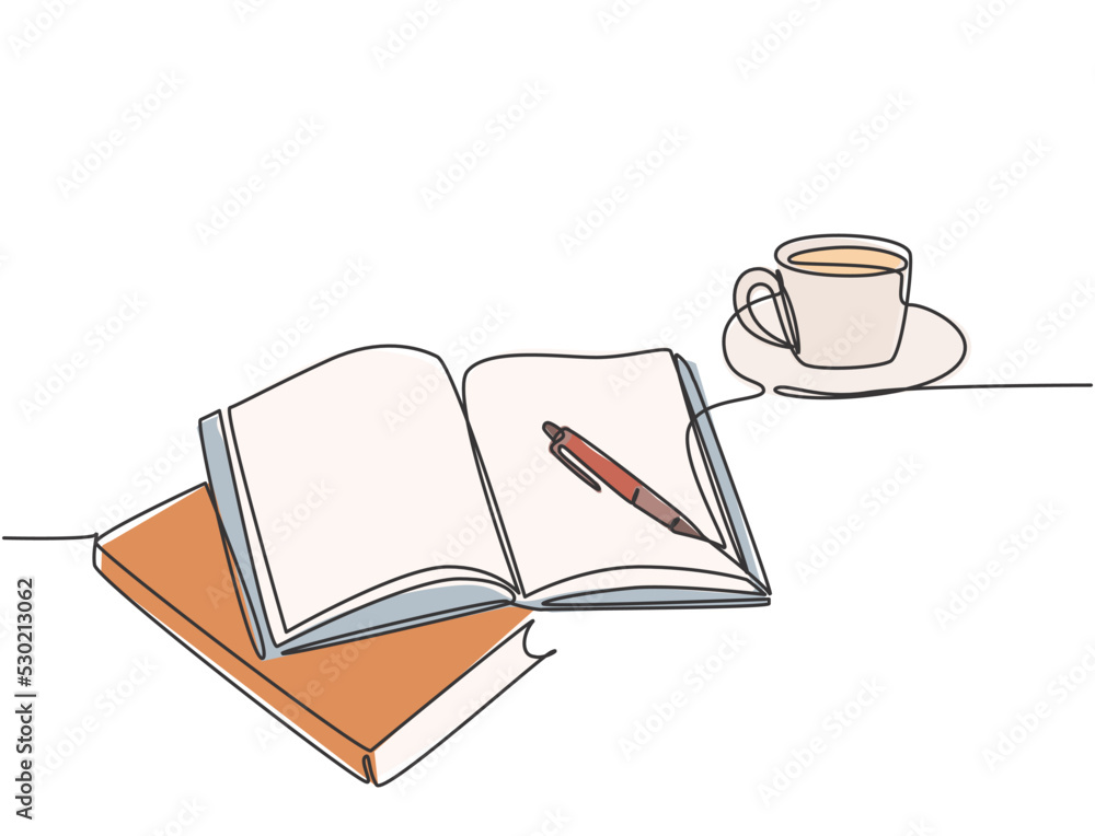 Poster single continuous line drawing of hand gesture writing on an open book beside a cup of coffee at wor