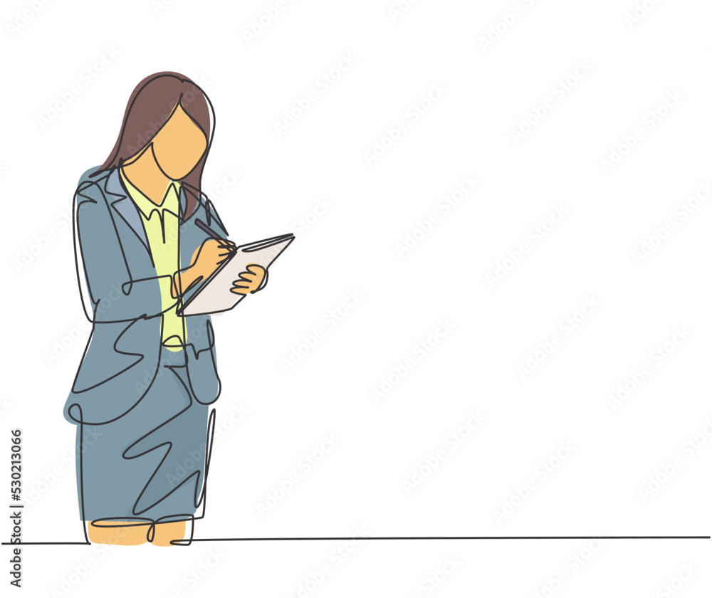 Poster one single line drawing of young happy female business manager holding clipboard and write to do lis