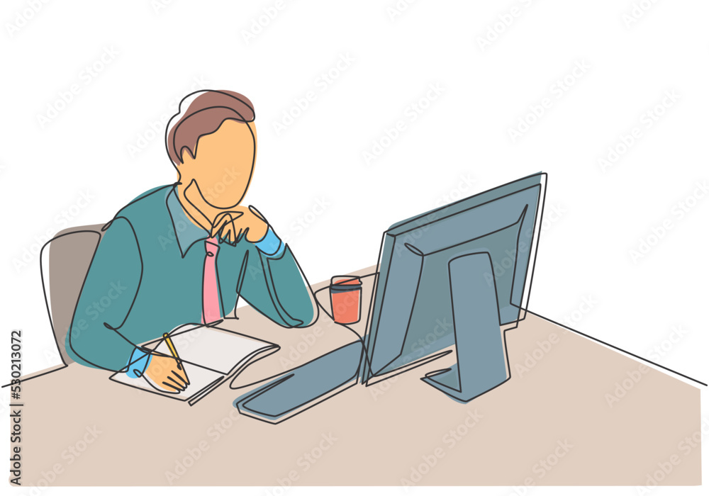 Poster one single line drawing of young pensive businessman sitting and watching computer screen to analyze