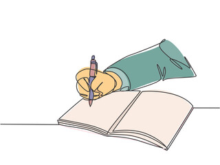 Single continuous line drawing of hand gesture writing on an open note book to write business draft. Write business diary concept. Trendy one line draw graphic design vector illustration