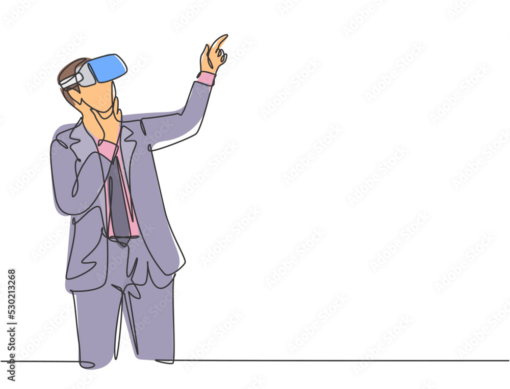 Aufkleber one single line drawing of young serious businessman thinking watching visual simulation on virtual 