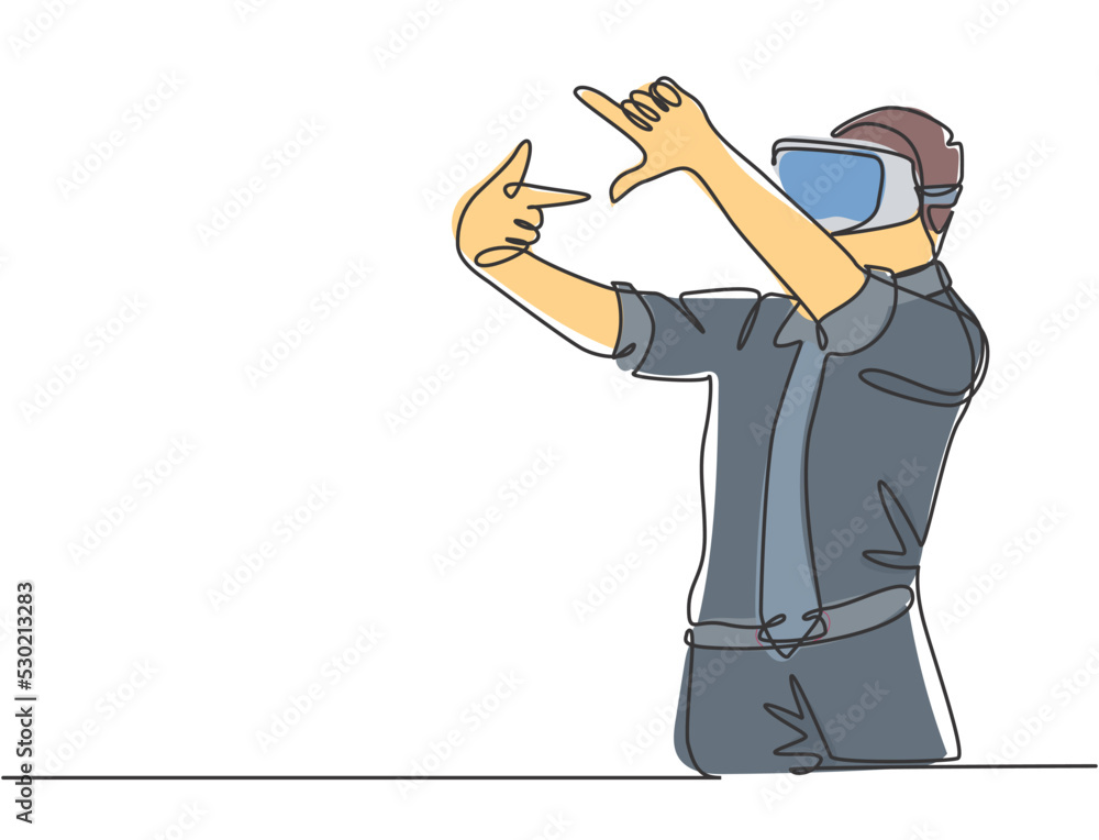 Aufkleber single continuous line drawing of young male worker gesture forming square shape from his finger whi