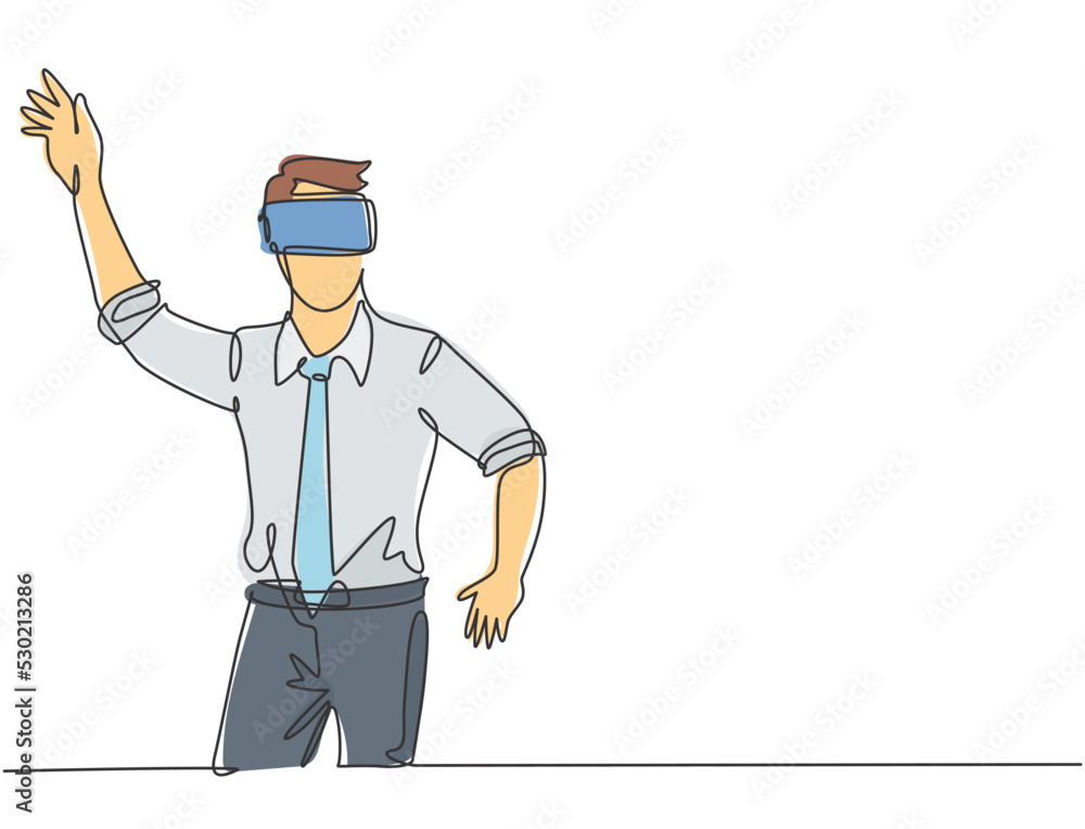 Aufkleber single continuous line drawing of young shock businessman tries to avoid obstacles while playing gam