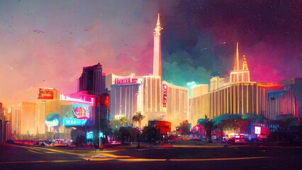Las Vegas city landscape, vegas painting illustration - obrazy, fototapety, plakaty
