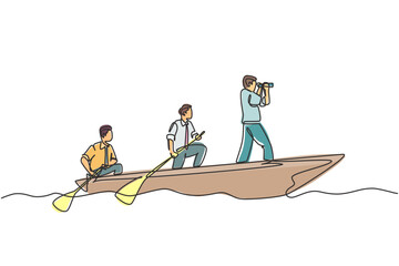 One single line drawing of young male team member take a boat heading to an island while the leader navigate them using binocular. Teamwork concept continuous line draw design vector illustration