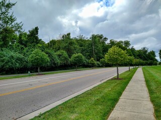 Fototapeta na wymiar Bright Cloudscape Over Tree-Lined Lane