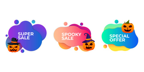 Creative modern set banners for halloween celebration with scary face of pumpkins