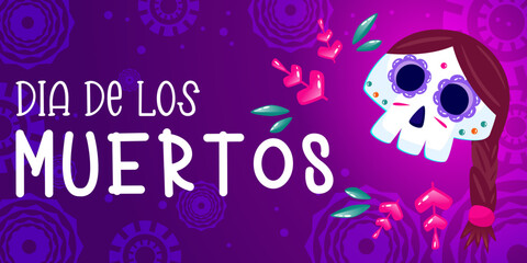 Muertos poster, day dead with skull on purple background. Halloween costume. Cartoon vector illustration. Holiday Muertos background. Mexico catrina skeleton poster