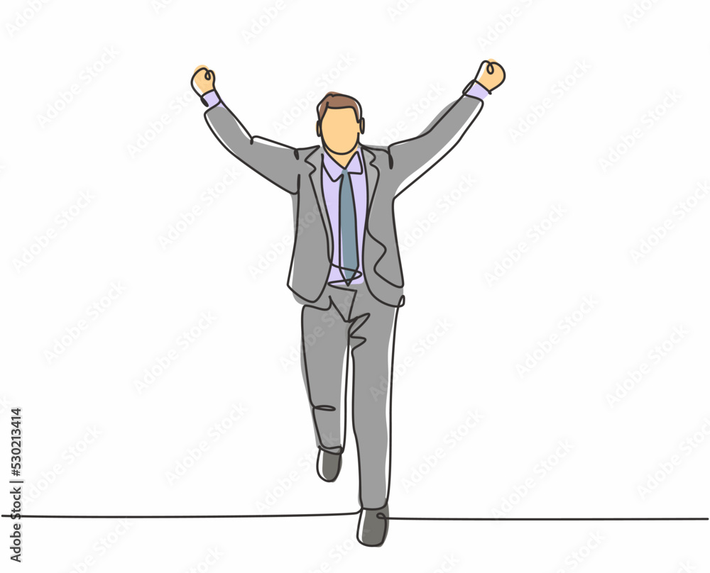Poster single continuous single line drawing of young happy male manager running and open his hands after c