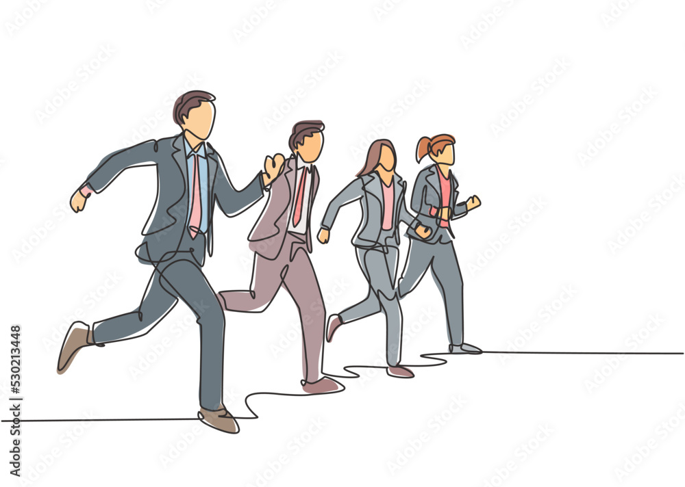 Poster single continuous single line drawing group of urban commuter workers walking and running to get to 
