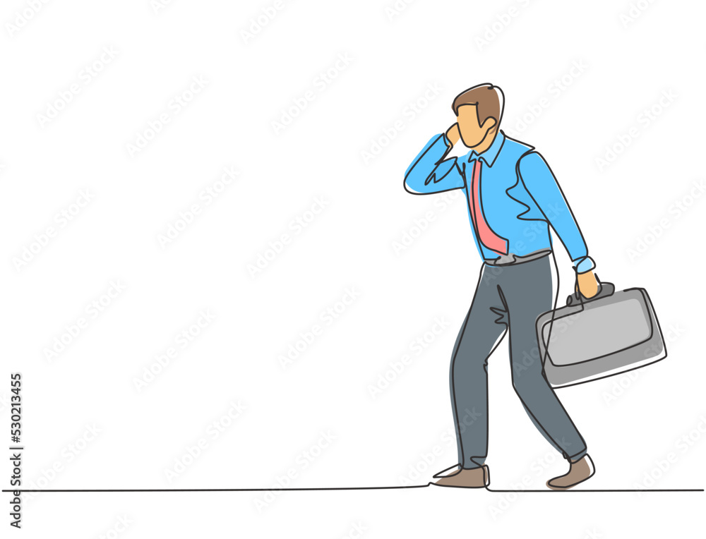 Poster single continuous single line drawing of urban commuter workers running while calling to get to the 