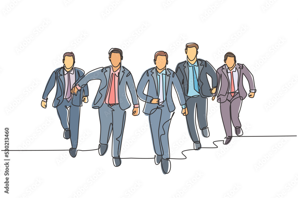 Poster one continuous single line drawing of male managers wearing suit doing sprint race at the running tr