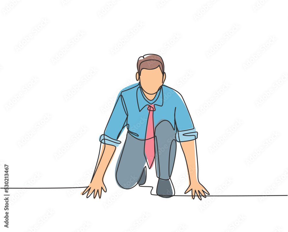 Poster one continuous single line drawing of young happy businessman gets ready to doing sprint run on runn