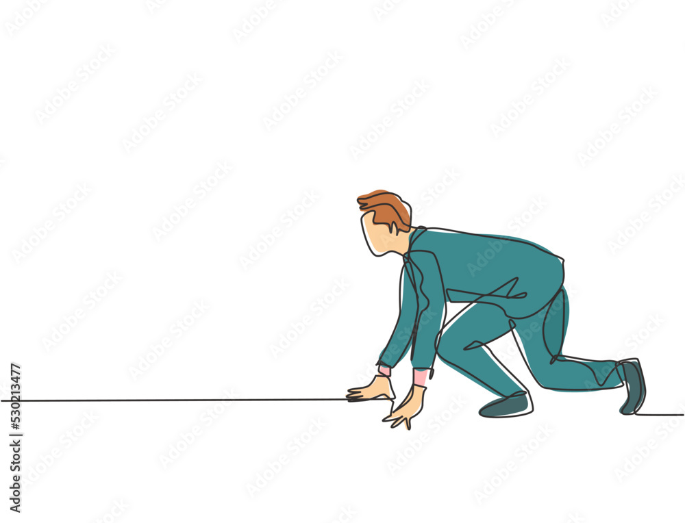 Poster single continuous single line drawing of young happy businessman get ready to do sprint run on runni