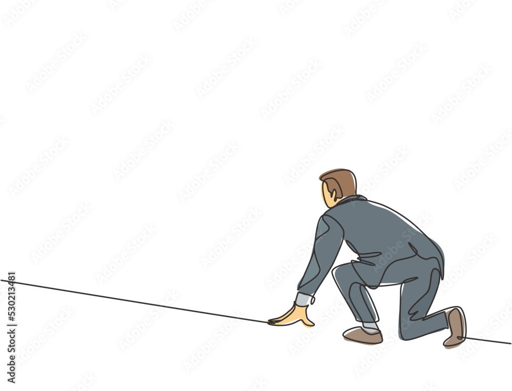 Poster single continuous single line drawing of young happy businessman get ready to sprint run on running 