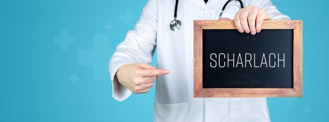 Scharlach. Arzt zeigt medizinischen Begriff auf einem Schild/einer Tafel