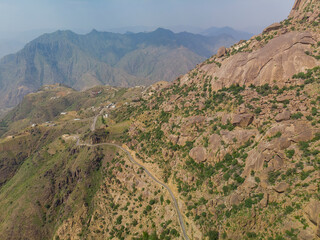 Fototapeta na wymiar Aerial views of the Jabal Shada Mountain Reserve in the Al Baha region of Saudi Arabia