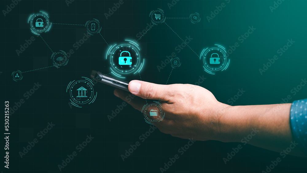 Wall mural businessmen use smartphones to connect data through authentication and privacy devices, online secur