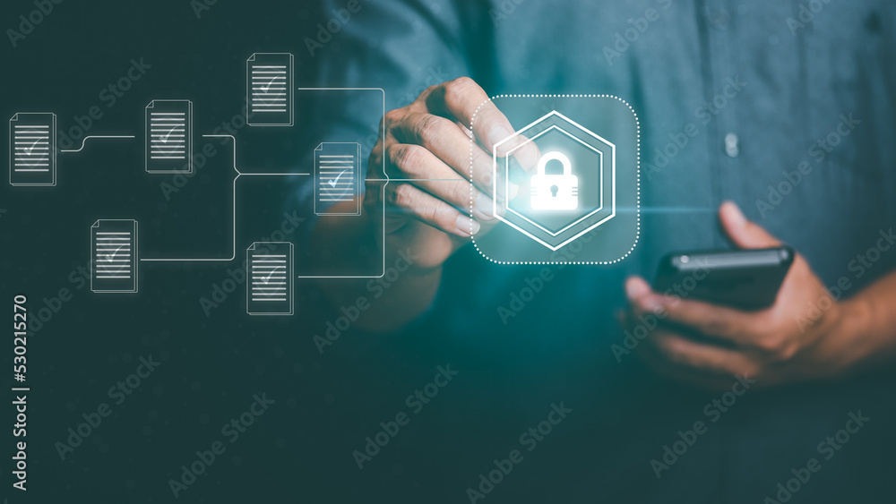 Wall mural businessmen use smartphones to connect data through monitoring and privacy devices. online security 