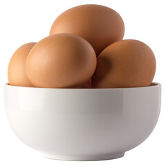 fresh brown chicken eggs in a white bowl, isolated on white background, healthy organic food concept