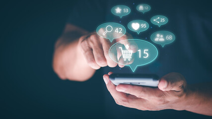 Ecommerce concept and online selling website Cyberspace retail businesses use it to communicate between store owners and customers, online marketing, icon notifications.Creativity of marketing