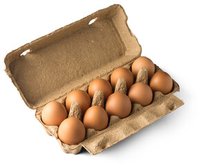 fresh brown chicken eggs in an egg box which made of recycled materials, isolated on white...