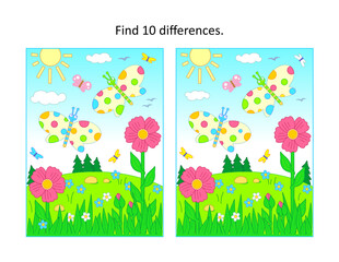 Obraz na płótnie Canvas Spring or summer joy. Find ten differences picture puzzle with butterflies, flowers, grass. 