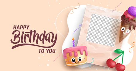 Birthday greeting vector background design. Happy birthday text with characters of cake, ice cream and polaroid elements for birth day messages. Vector illustration.
