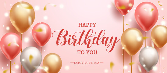 Birthday greeting vector background design. Happy birthday text with rose gold balloons, confetti and bokeh lights in pink background for elegant birth day celebration. Vector illustration.
