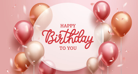 Birthday greeting vector template design. Happy birthday text in circle space with rose gold balloon bunch and confetti element for elegant birth day messages. Vector illustration.
