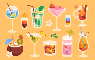 Set of delicious cocktails. Refreshing fruit drinks in glasses. Alcoholic beverages, martini, tequila, scotch. Design element for bar menu. Cartoon flat vector collection isolated on yellow background