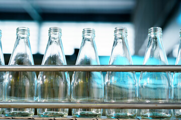 Lots of empty glass bottles in the carton prepared to feed into the manufacturing line.