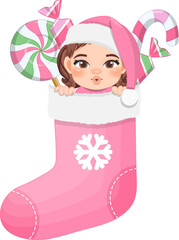 Baby's 1st Christmas stocking with cute baby girl in pastel color design