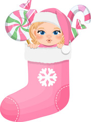 Baby's 1st Christmas stocking with cute baby girl in pastel color design